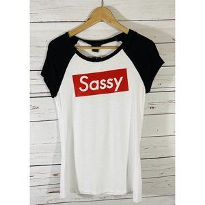 Rue 21 Sassy Juniors T-Shirt Size Medium White Black Baseball Graphic Tee NWT